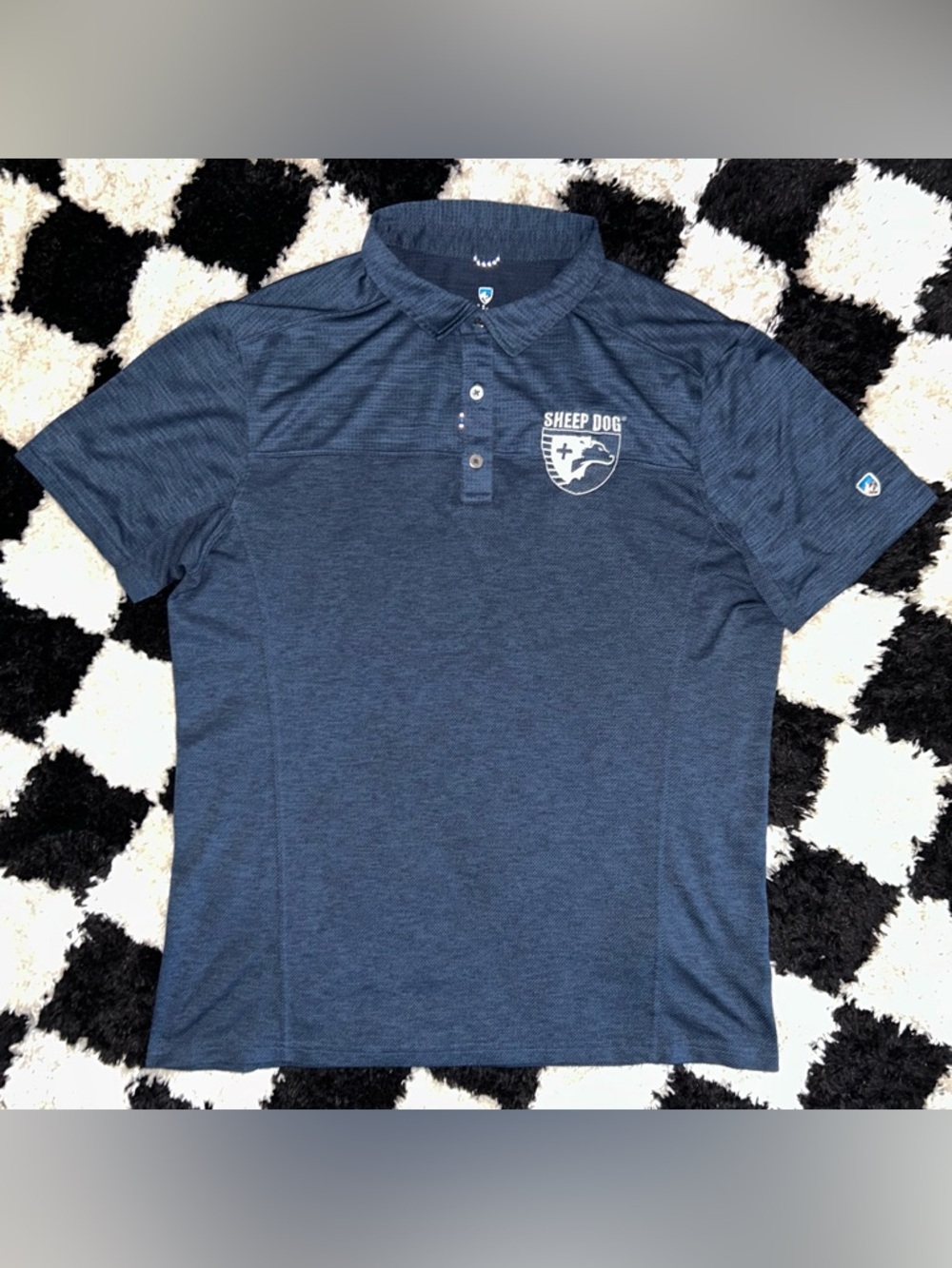 KUHL Engineered Polo 7424 Breathable Navy Blue Large Sheep Dog Embroidered Logo